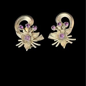 Vintage Costume Clip On Earrings Faux Amethyst Stones Metal Flowers Huggies.